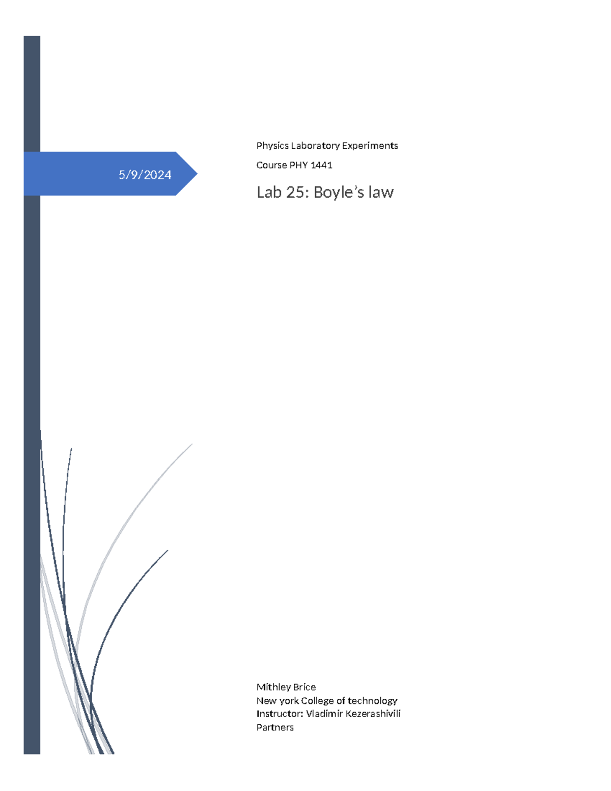 La B 25 - lab work - 5/9/ Physics Laboratory Experiments Course PHY ...