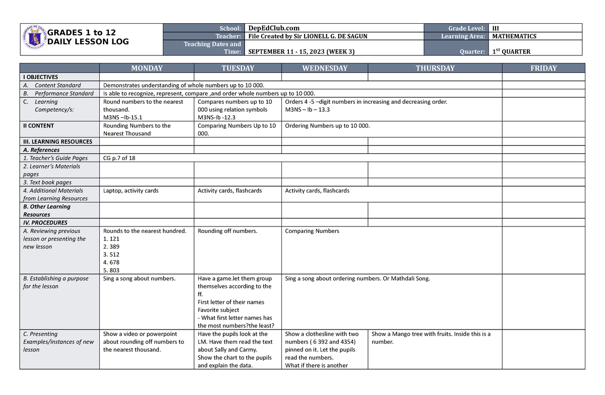 DLL Mathematics 3 Q1 W3 - GRADES 1 to 12 DAILY LESSON LOG School ...