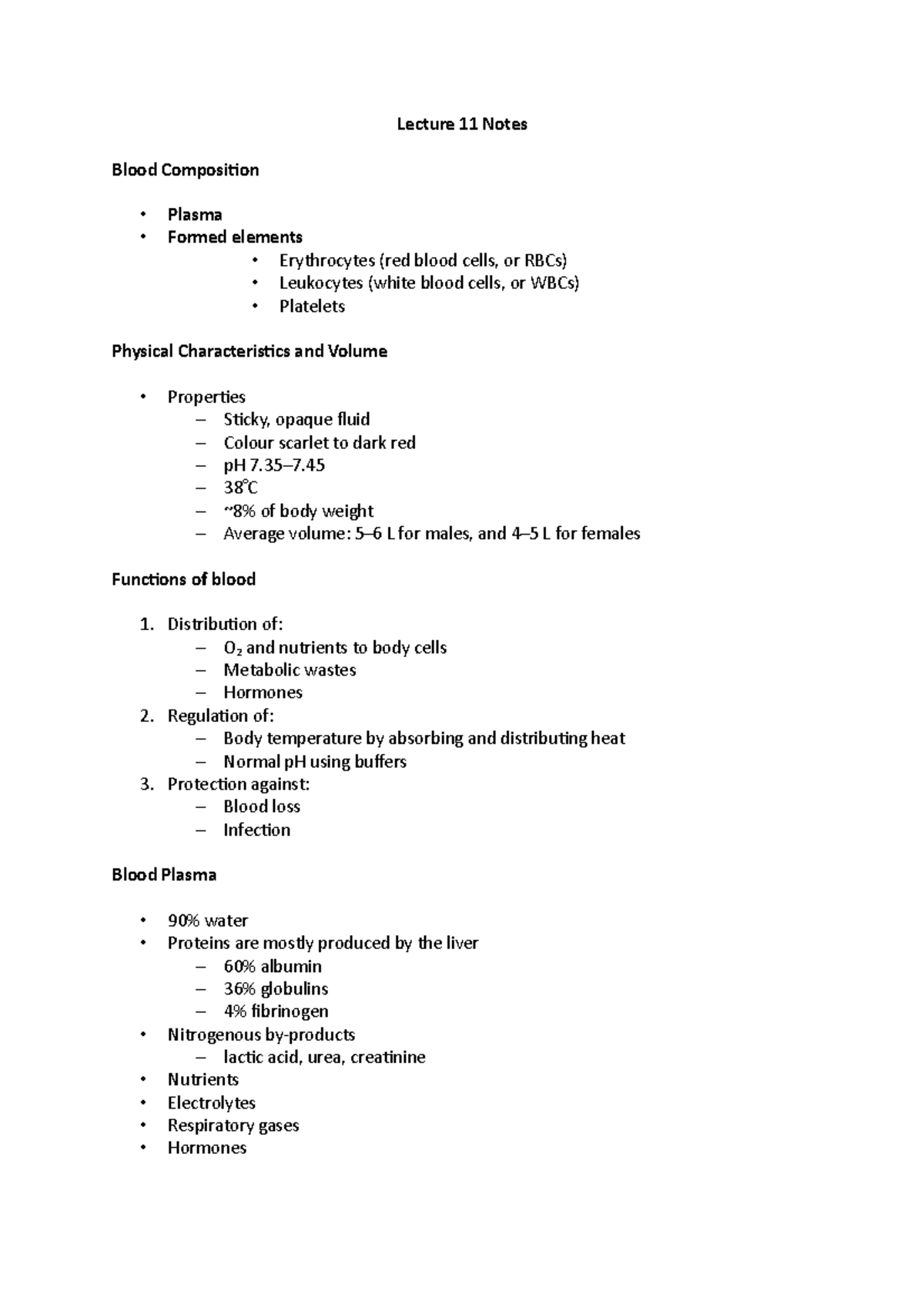 Lecture 11 Notes - Lecture 11 Notes Blood Composition Plasma Formed ...