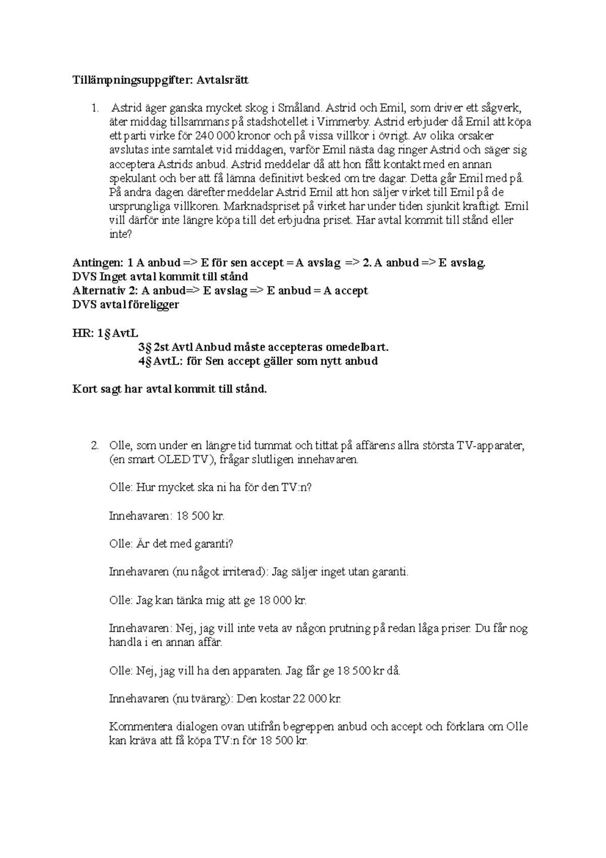 HARA10 Seminarium Avtalsrätt - Tillämpningsuppgifter: Avtalsrätt 