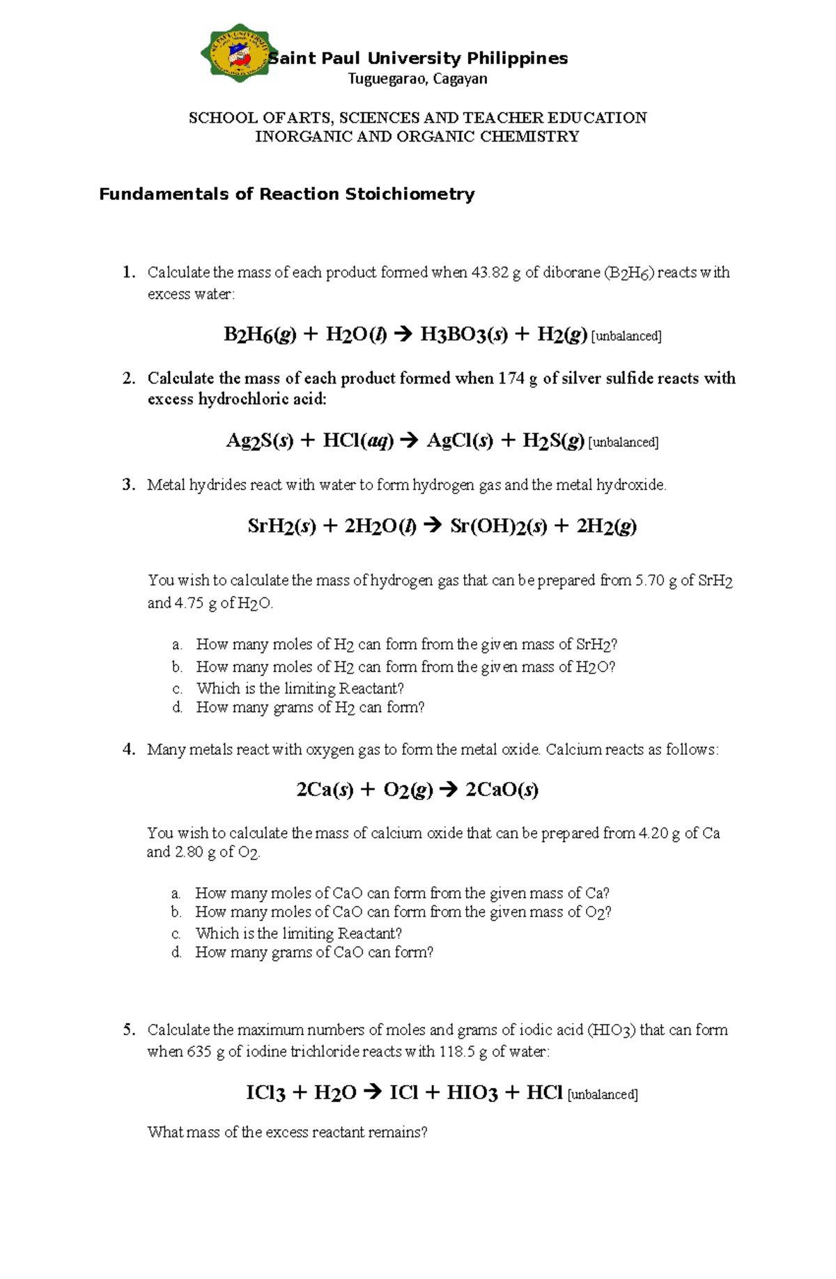 Fundamentals of Reaction Stoichiometry - Saint Paul University ...