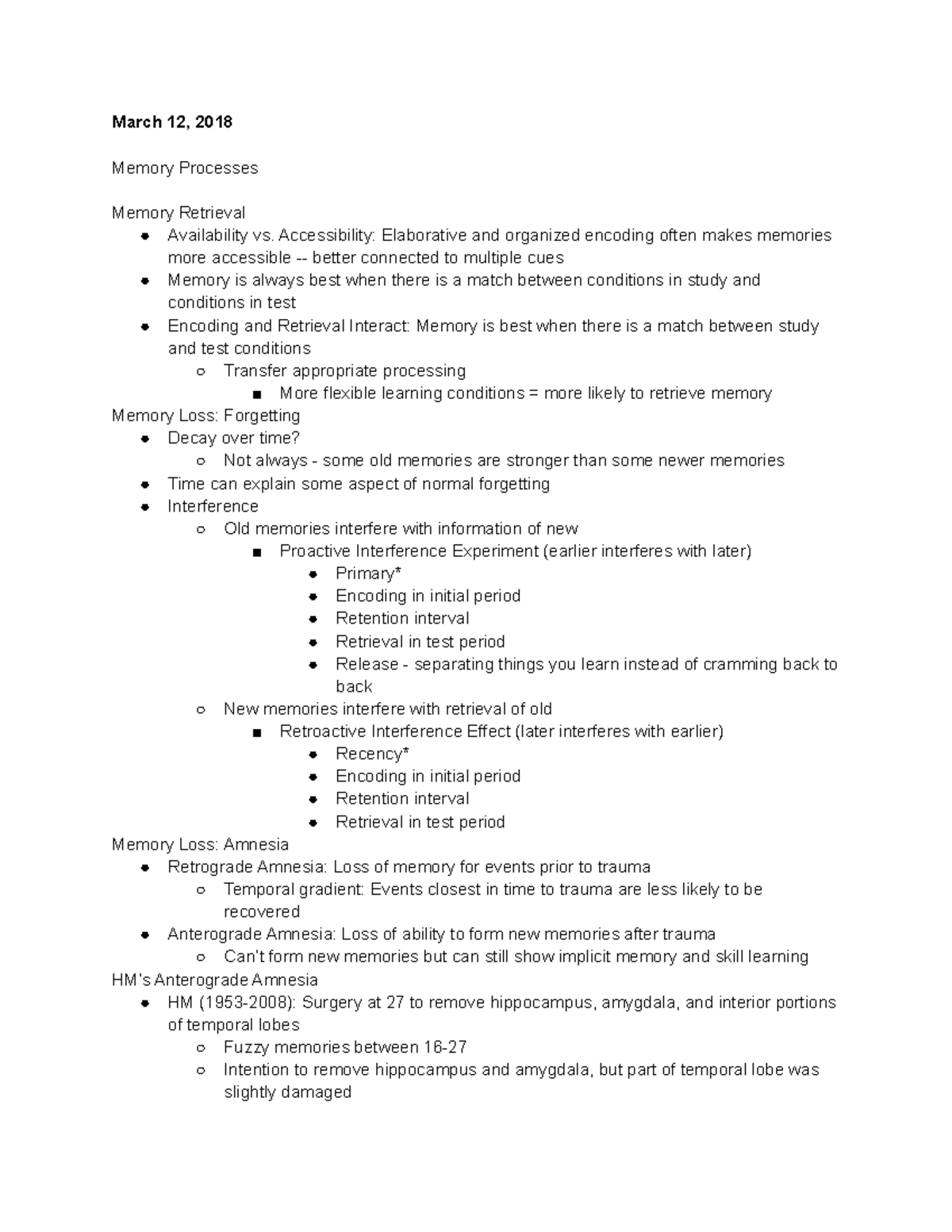 Memory Processes Notes - March 12, 2018 Memory Processes Memory ...