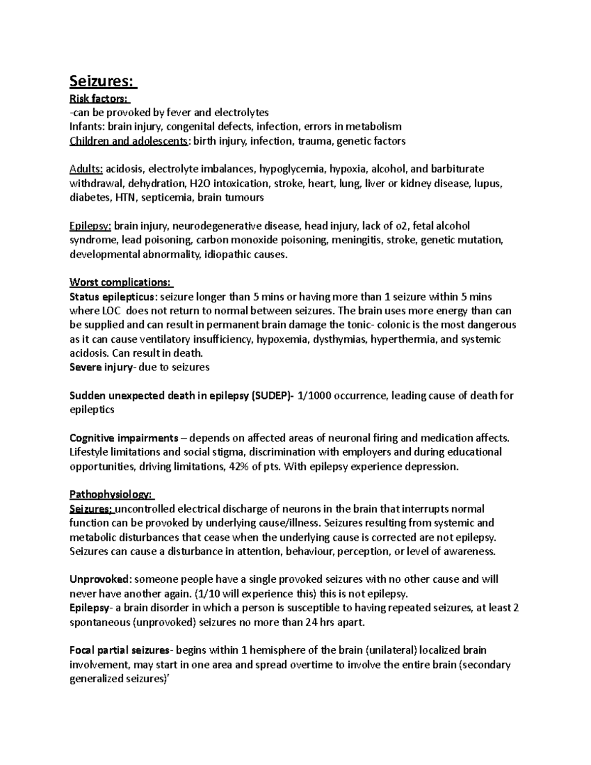 Seizures - Seizure study map - Seizures: Risk factors: -can be provoked ...