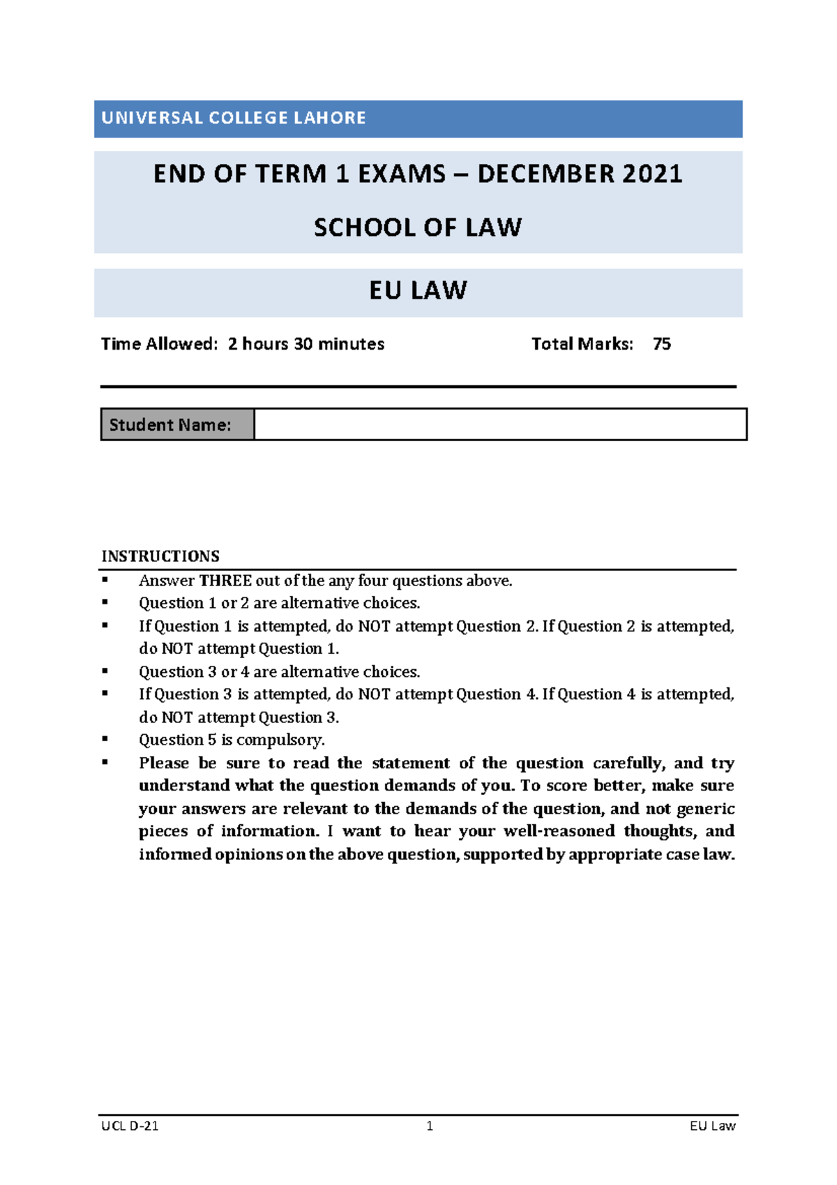 EU Law Exam - questions on european law, EU Law Exam EU Law Exam EU Law ...