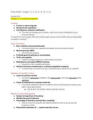 Bus 140 Lecture Notes (Exam 1) Chp1-6 - Lecture 1/ Chapter 1 Operations ...