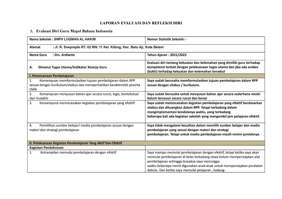 20 1 Laporan-Evaluasi-Dan-Refleksi-Diri New - LAPORAN EVALUASI DAN ...