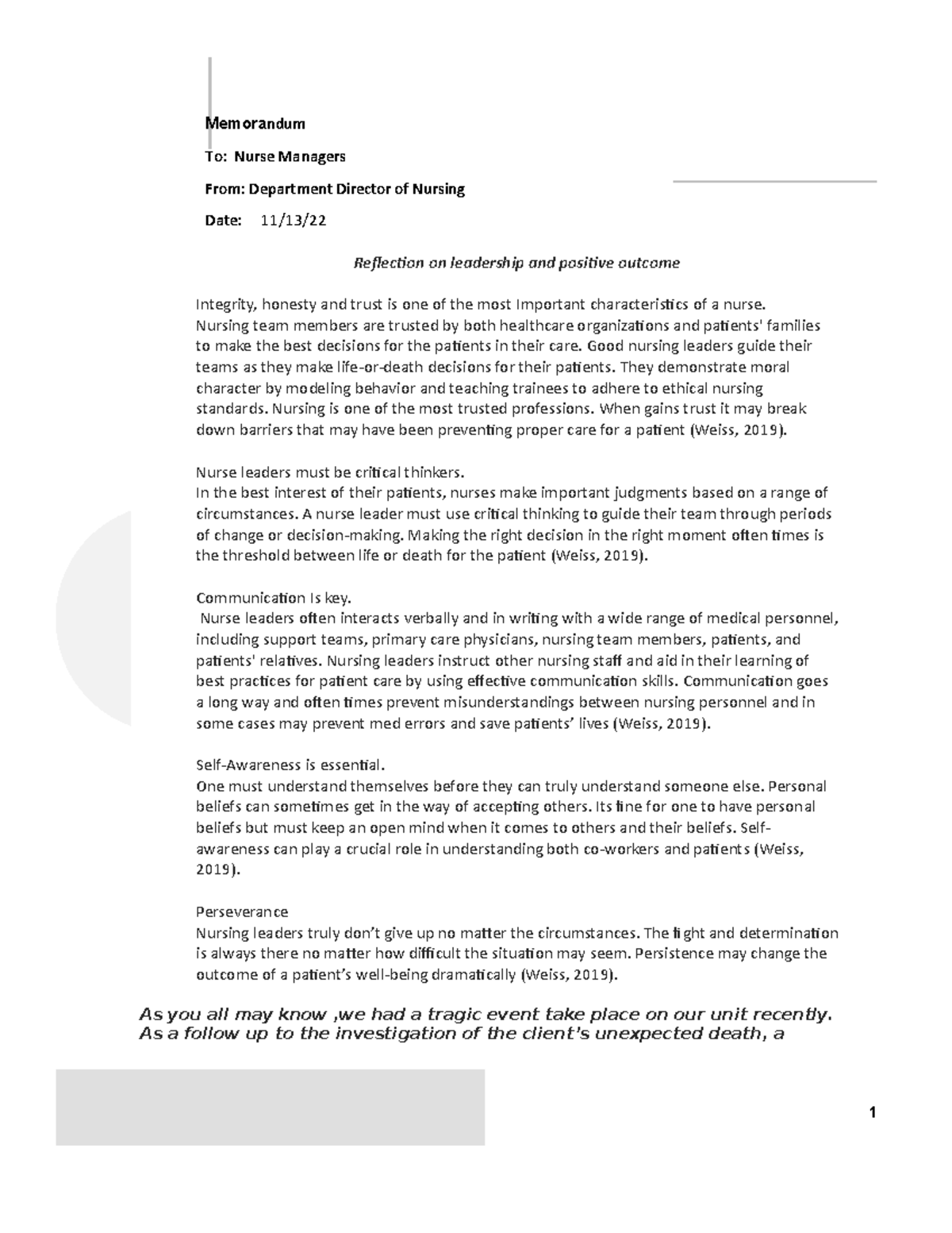 Leadership and Management Attributes Memorandum To Nurse Managers