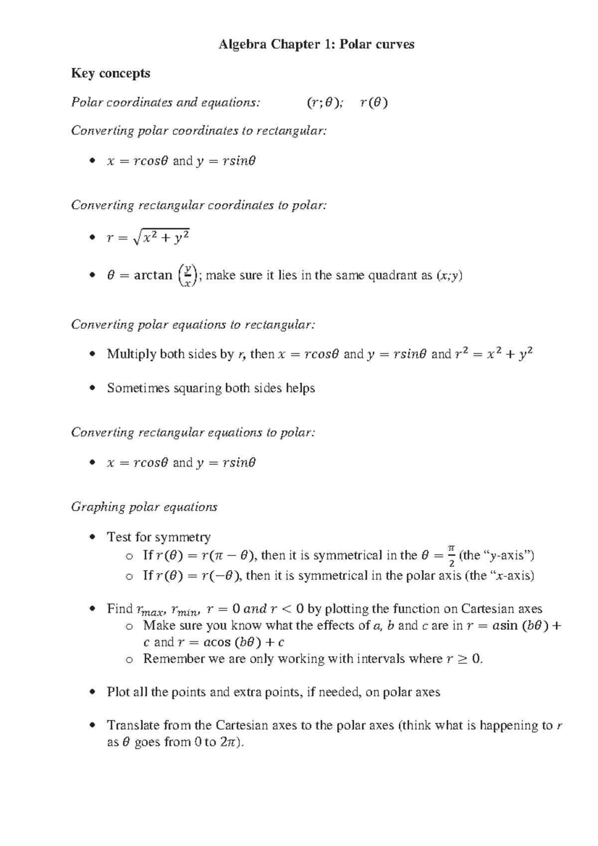 Algebra polar curves key concepts-1 - Algebra Chapter 1: Polar curves ...