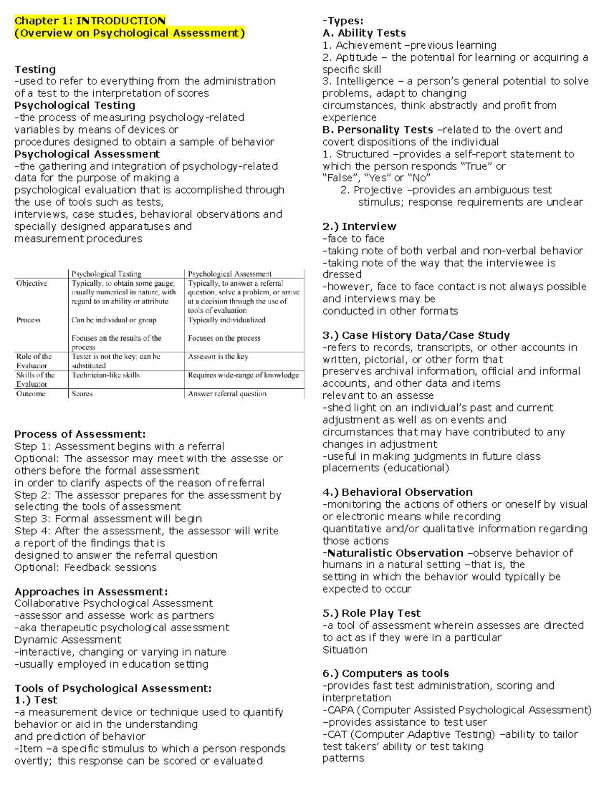 Psych Assessment - Chapter 1: INTRODUCTION (Overview On Psychological ...