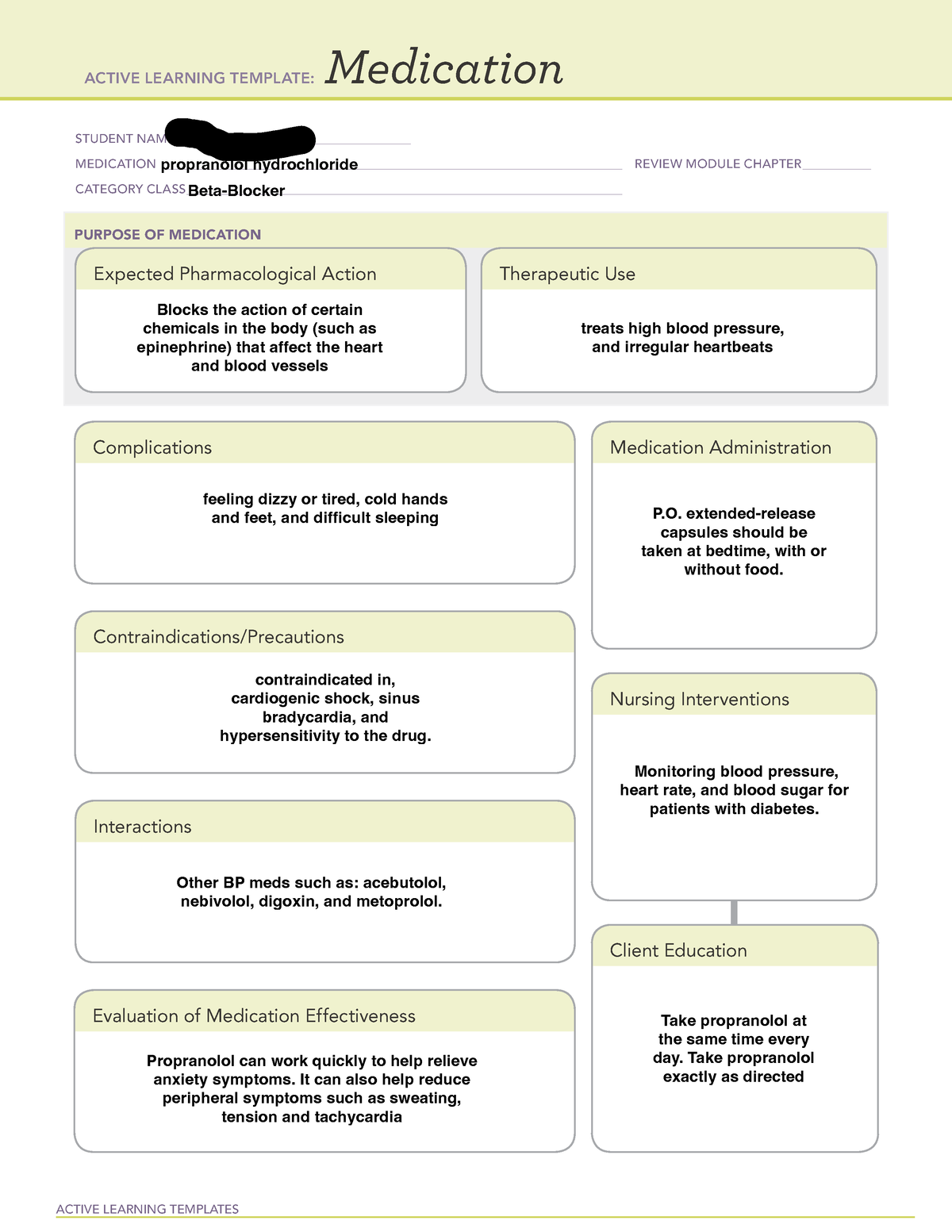 Propranolol hydrochloride Pharm Med Card ACTIVE LEARNING TEMPLATES