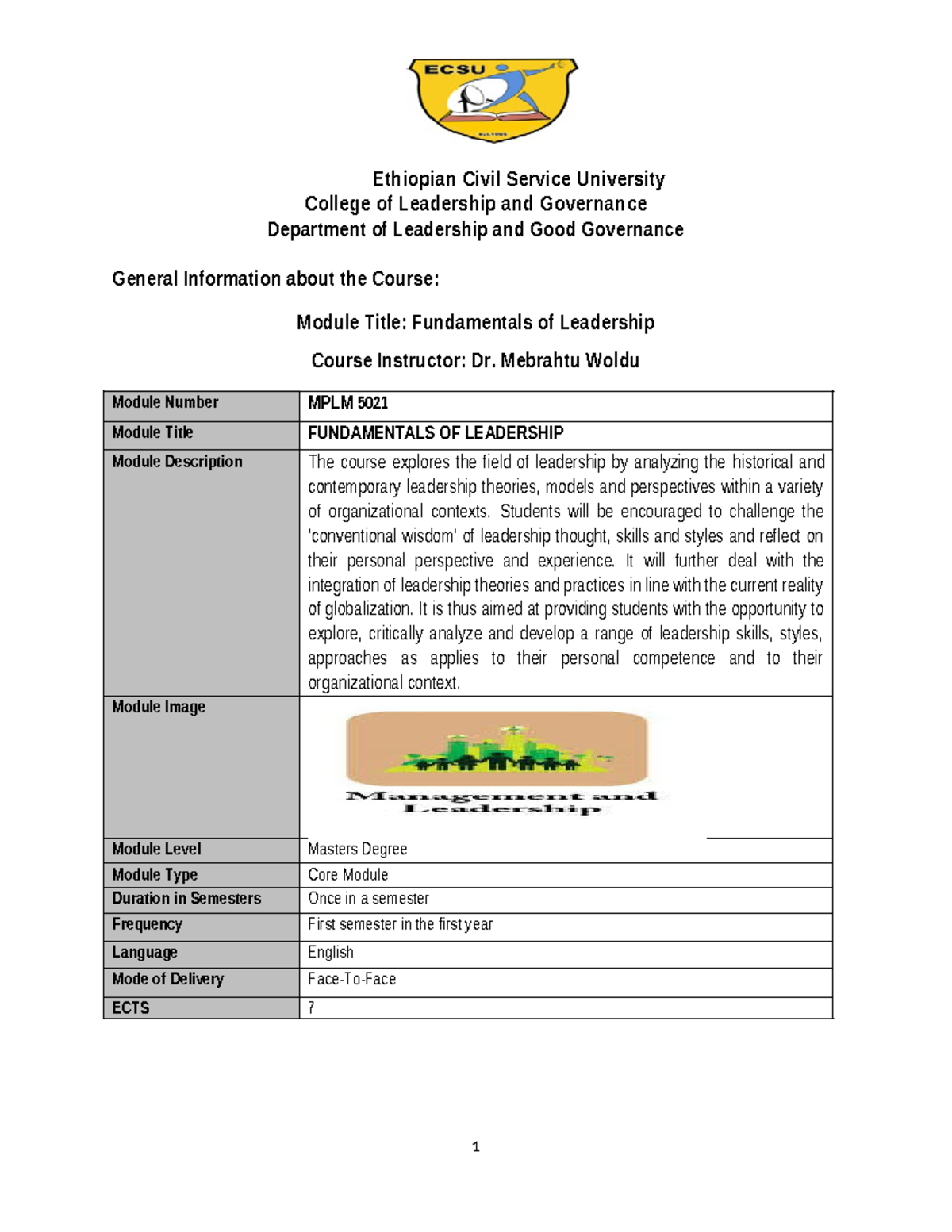 Fundamentals of Leadership Course Outline - Ethiopian Civil Service ...