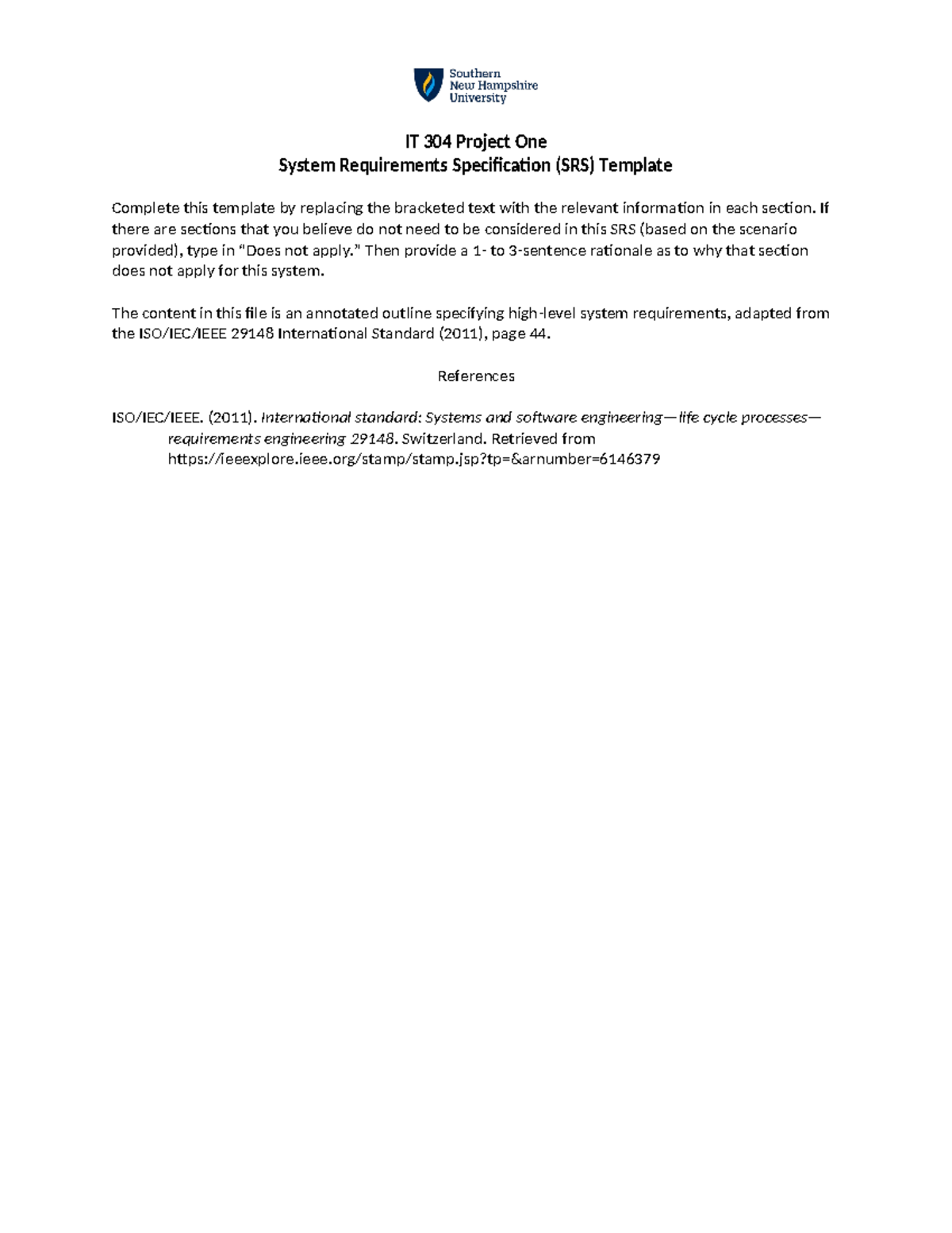 IT 304 Project One System Requirements Specification - If there are ...