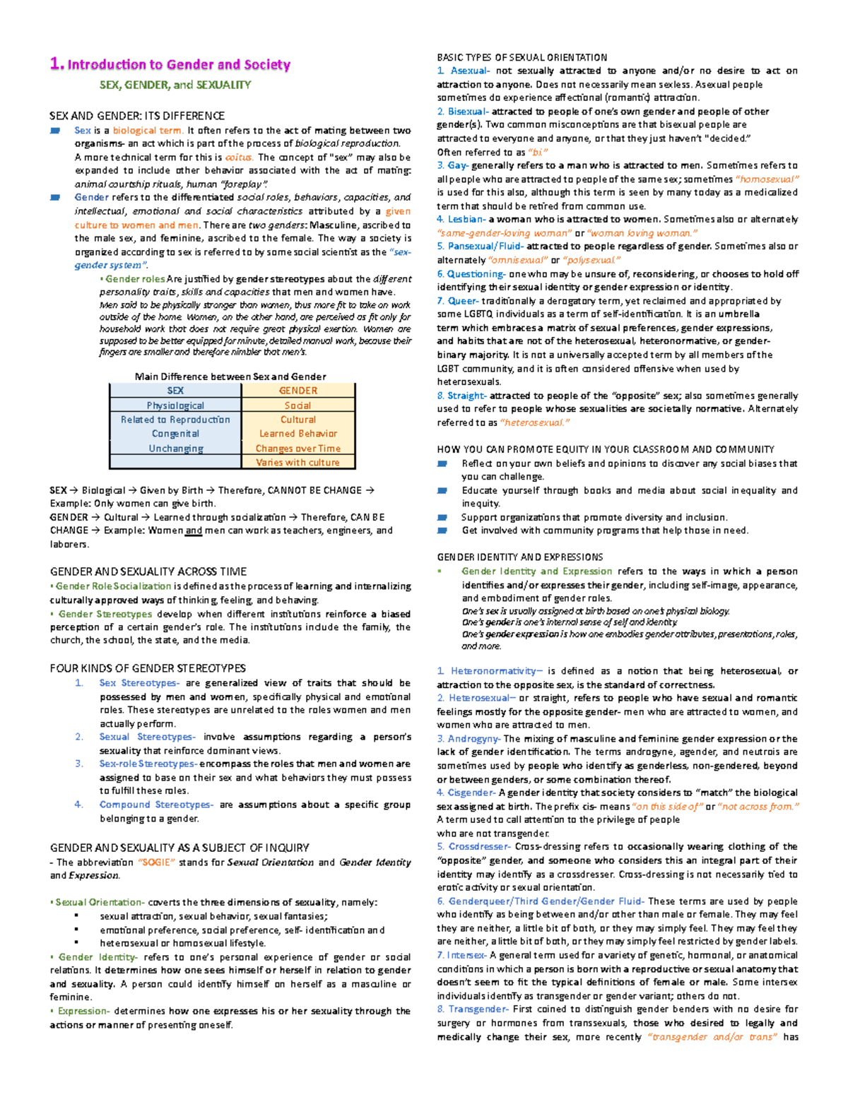 Gen Soc Reviewer - 1. Introduction to Gender and Society SEX, GENDER ...