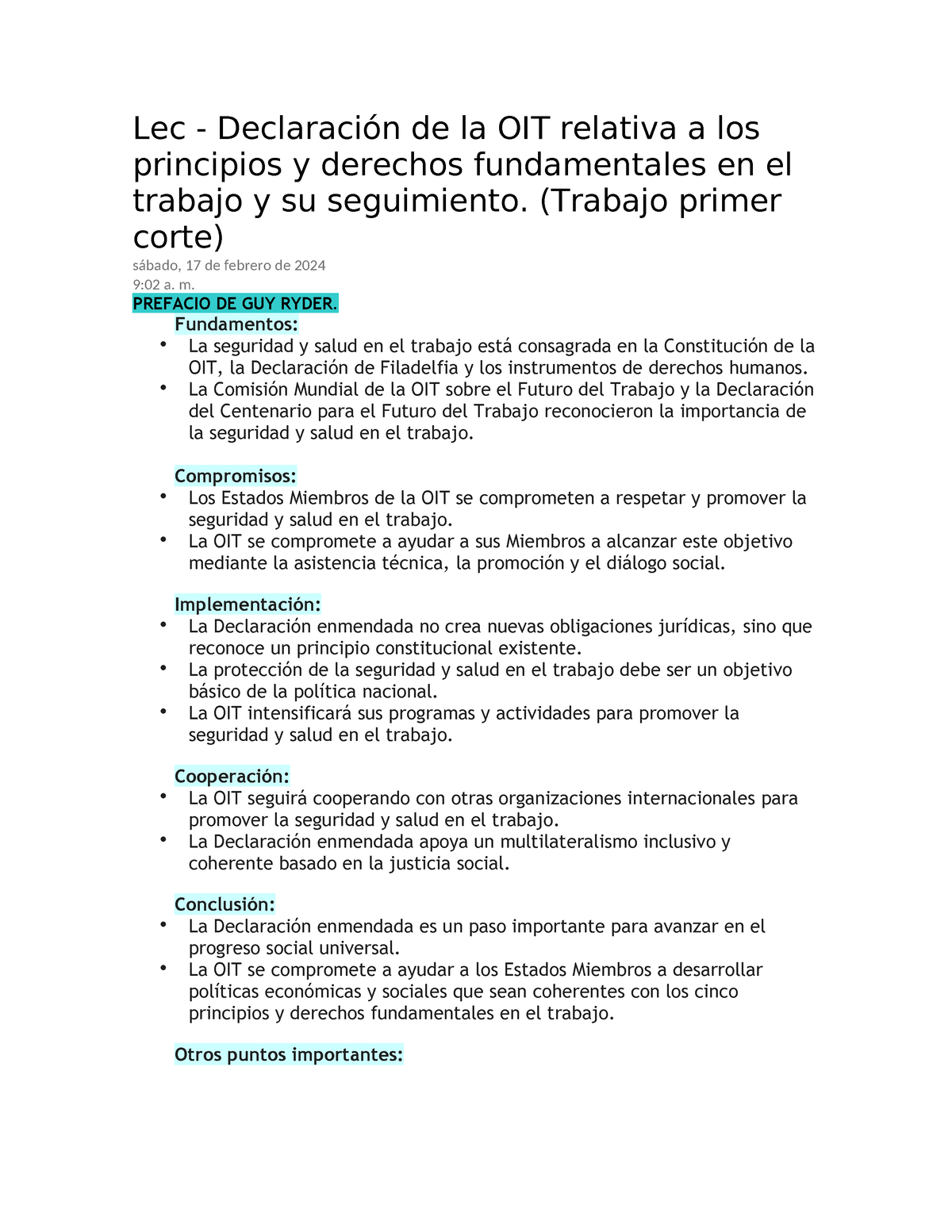 Lec - Apuntes - Lec - Declaración De La OIT Relativa A Los Principios Y ...