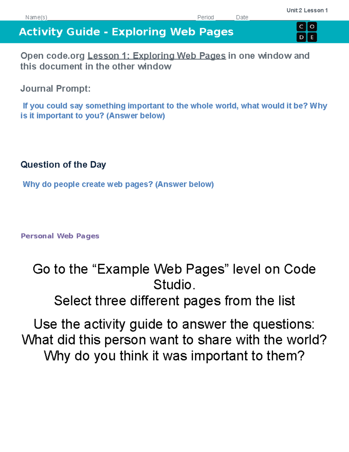 U2L01 - Activity Guide - Exploring Web Pages (2021)-1 - Unit 2 Lesson 1 ...