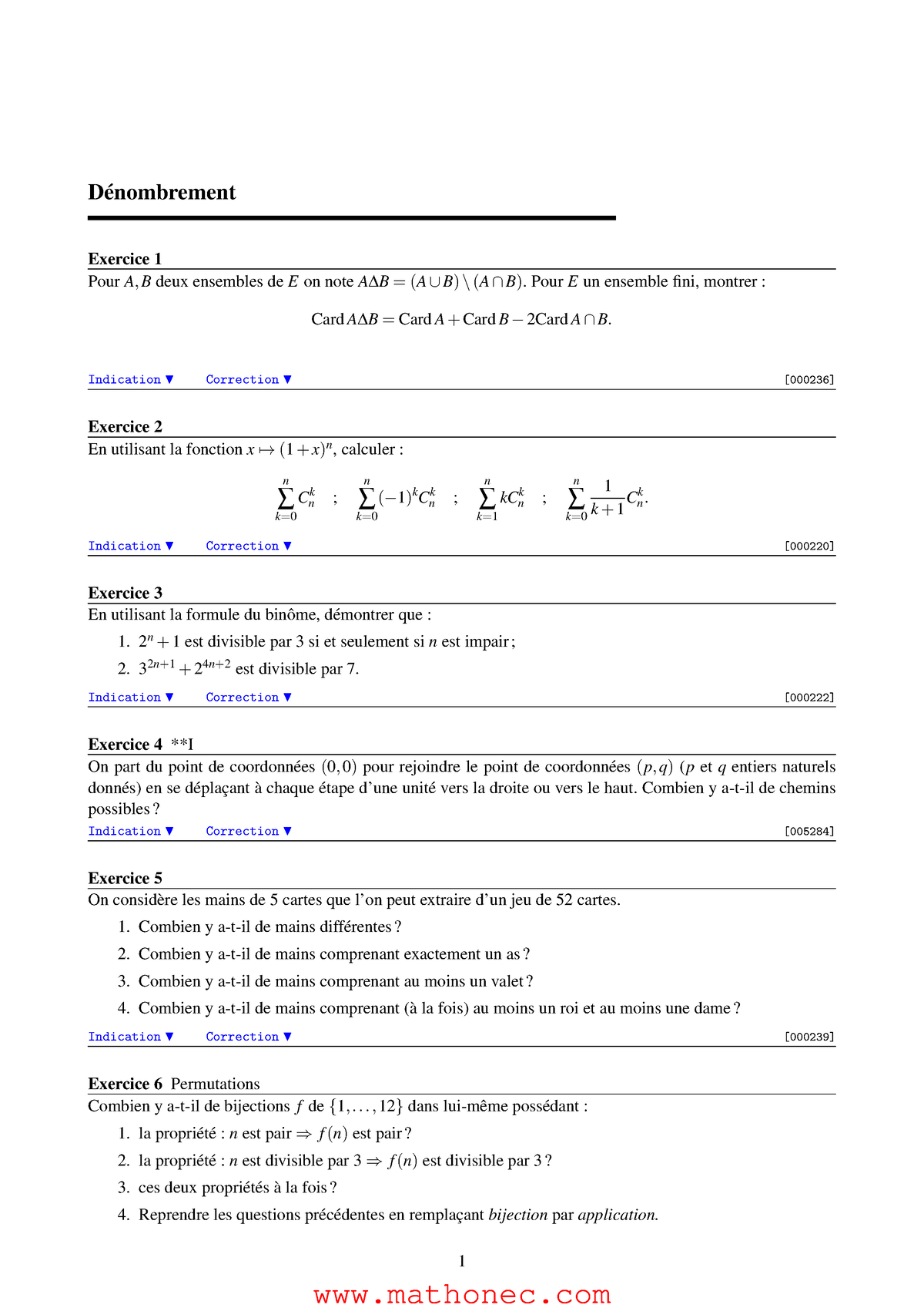 Exercices Dénombrement - Dénombrement Exercice 1 Pour A, B Deux ...