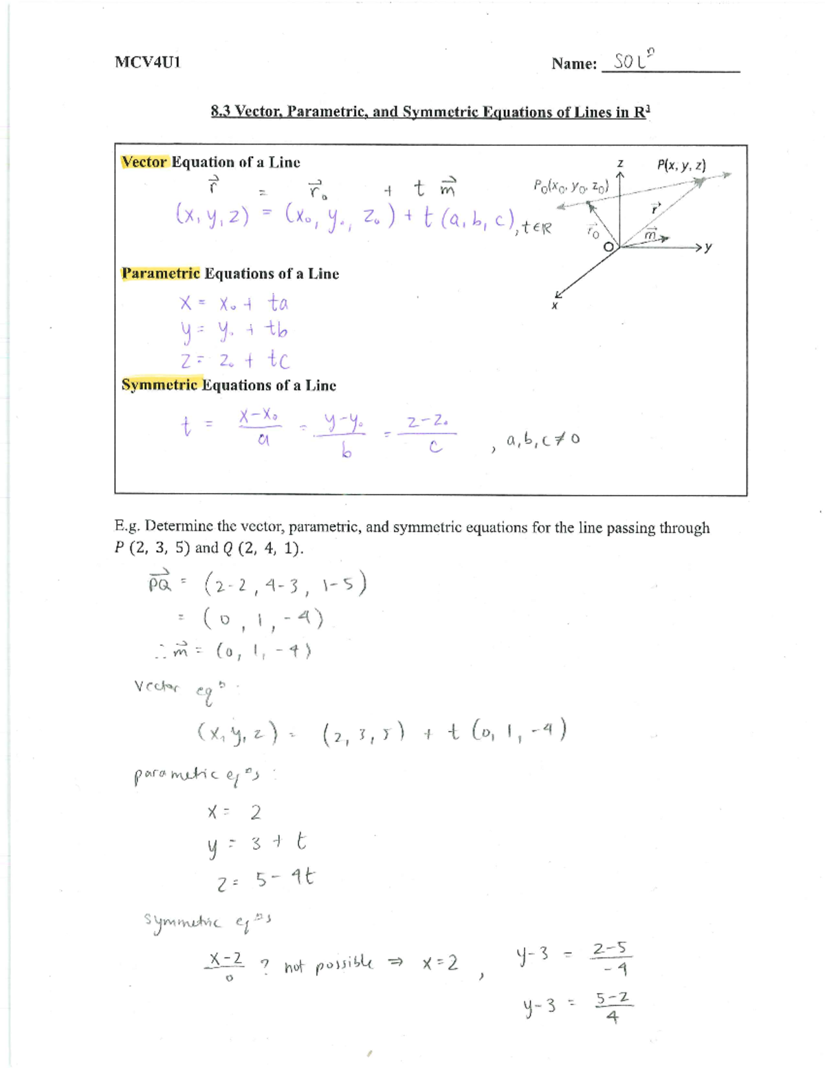 Calculus MCV4U equations of Lines in R3 - MCV4U1 Name: SOL 8 Vector ...