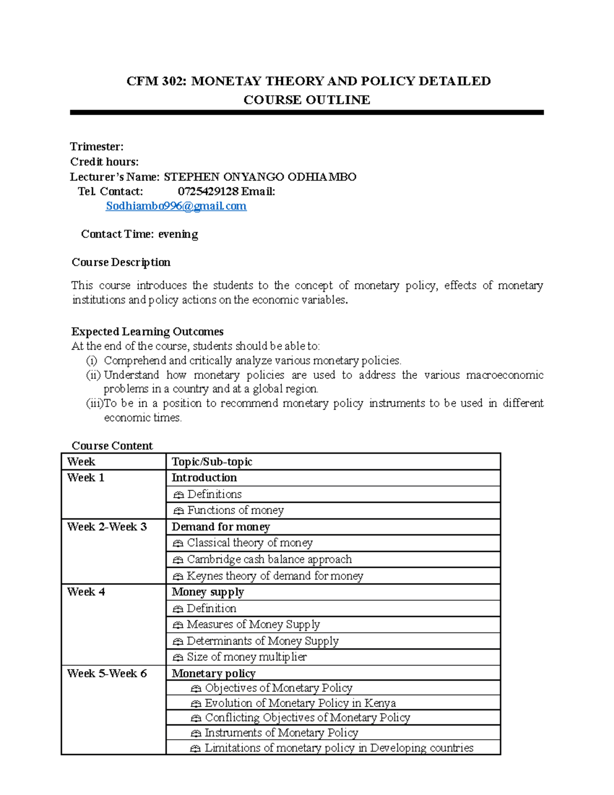 CFM 302 Monetary Theory AND Policy Course Outline - CFM 302: MONETAY ...