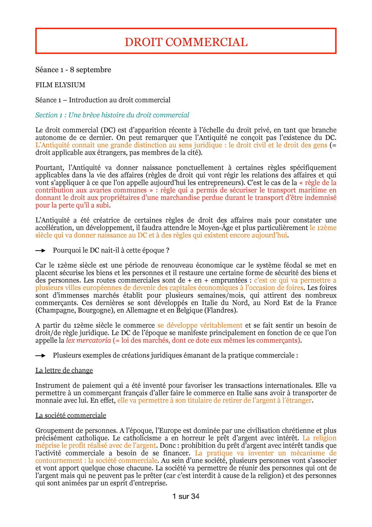 Droit Commercial Cours PDF - DROIT COMMERCIAL Séance 1 - 8 Septembre ...