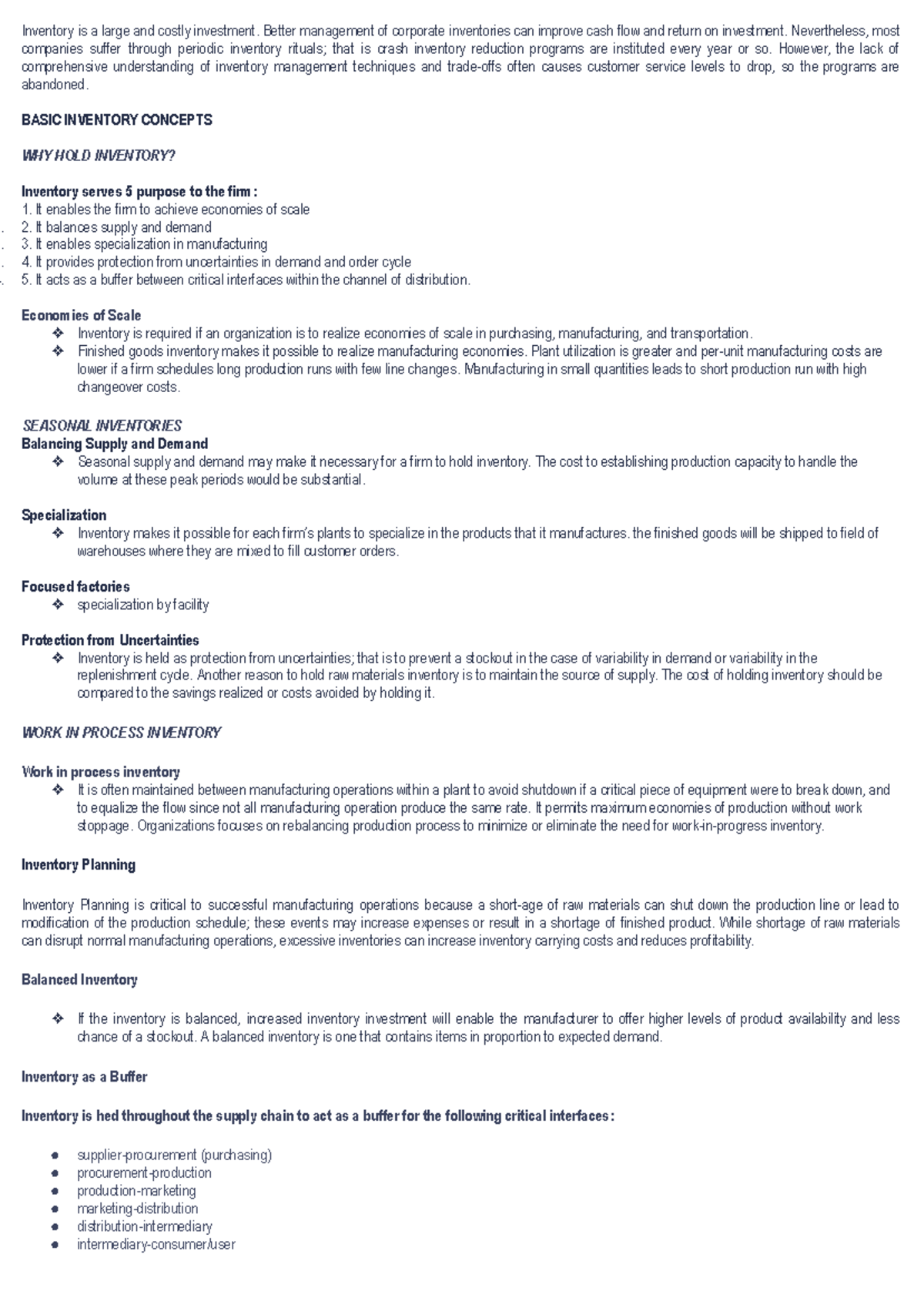 UNIT 4 Edited LOG - NOTES - Inventory is a large and costly investment ...