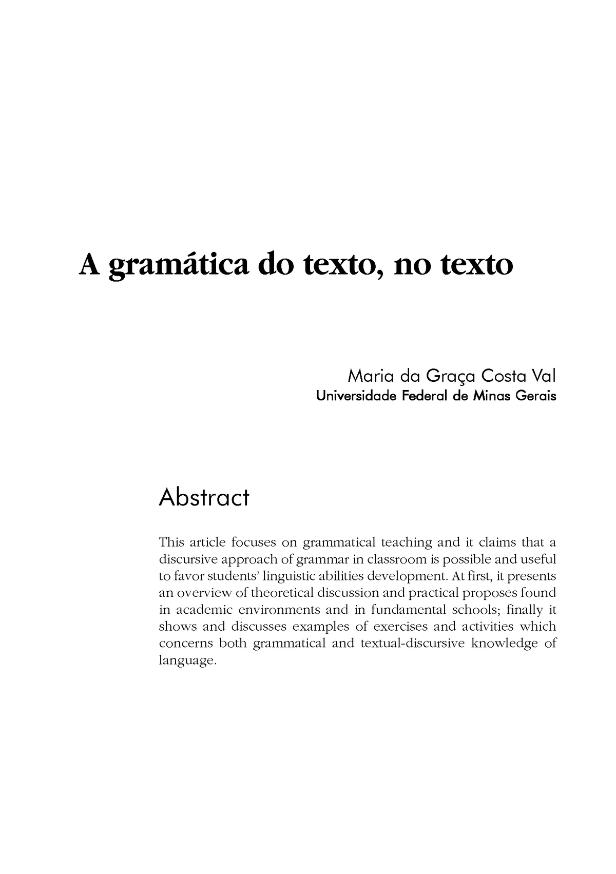 Costa Val A Gramatica Do Texto No Texto A Gramtica Do Texto No