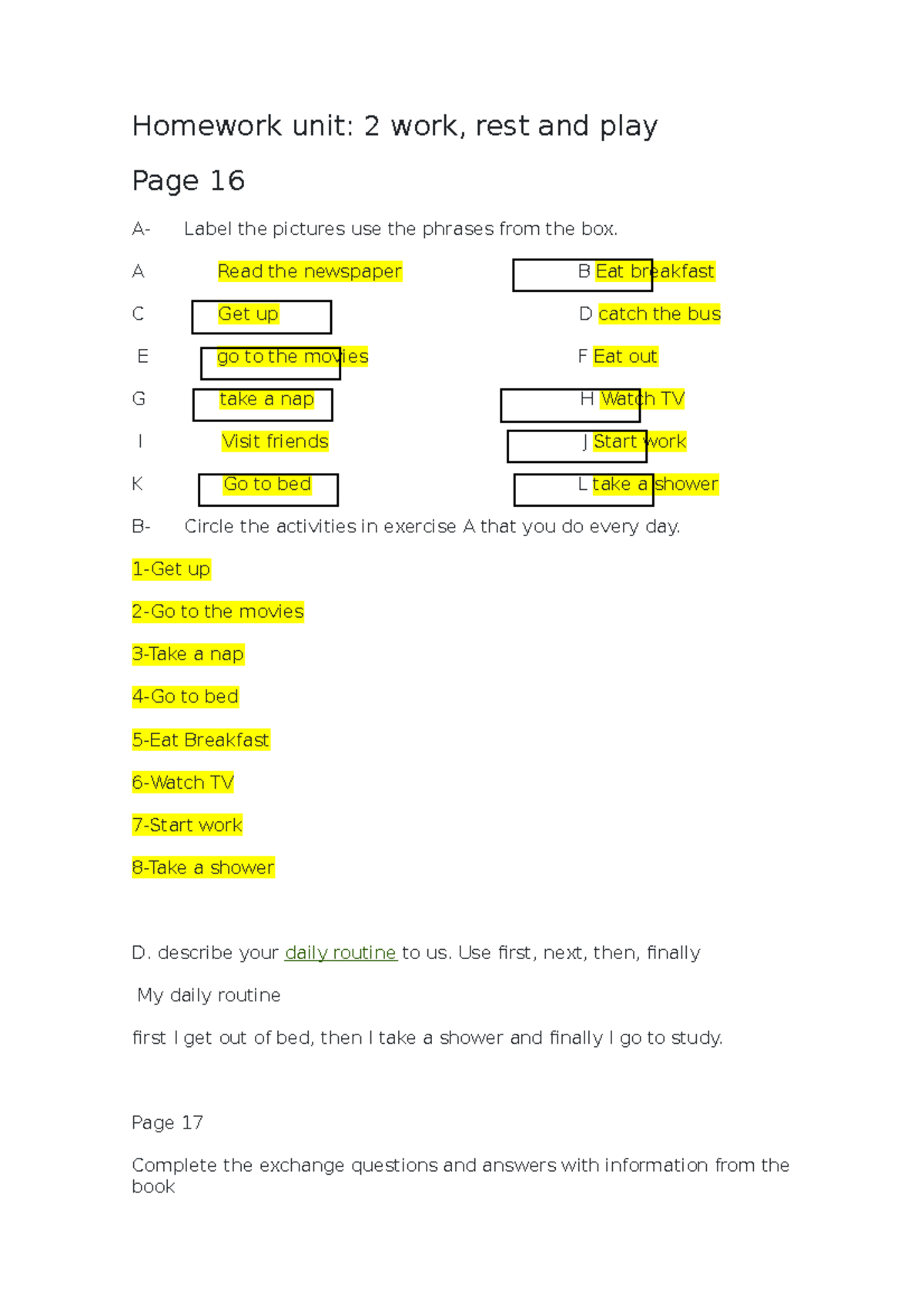 Home Work Unit 2, rest and play Tercera Semana Homework unit 2 work