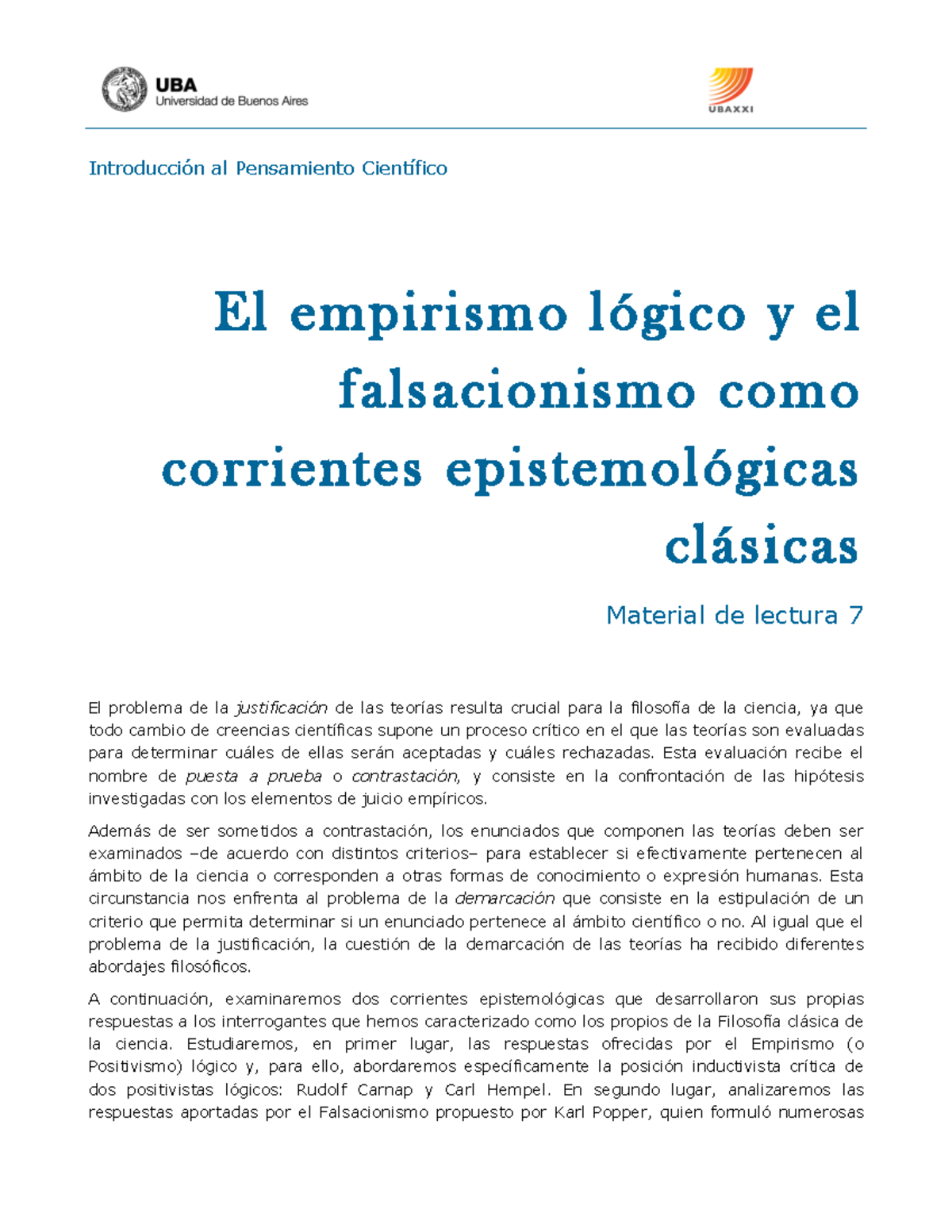 IPC Material De Lectura 7 El Empirismo Lógico Y El Falsacionismo Como ...