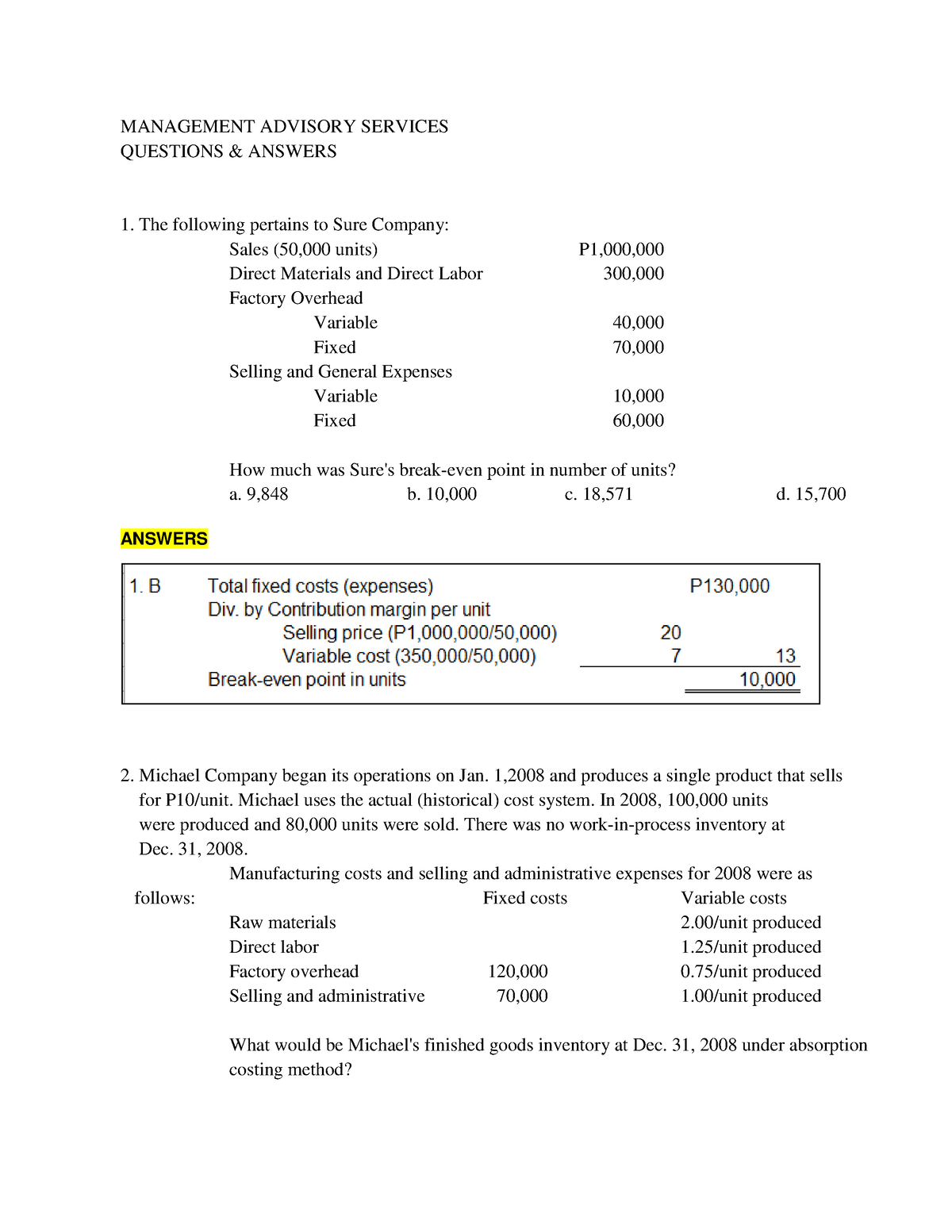 Management Advisory Services - Compilation Of Questions PART 2 ...