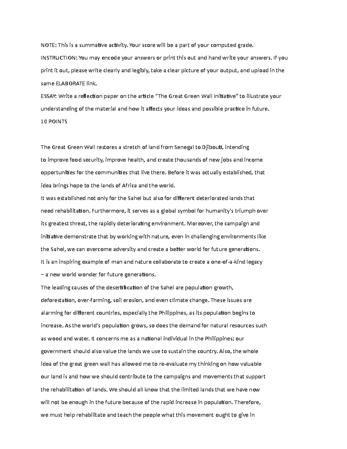 Great Green Wall NOTE This is a summative activity. Your score will be a part of your