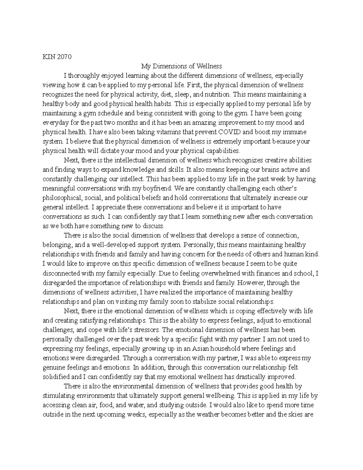 My Dimensions of Wellness KIN 2070 My Dimensions of Wellness I