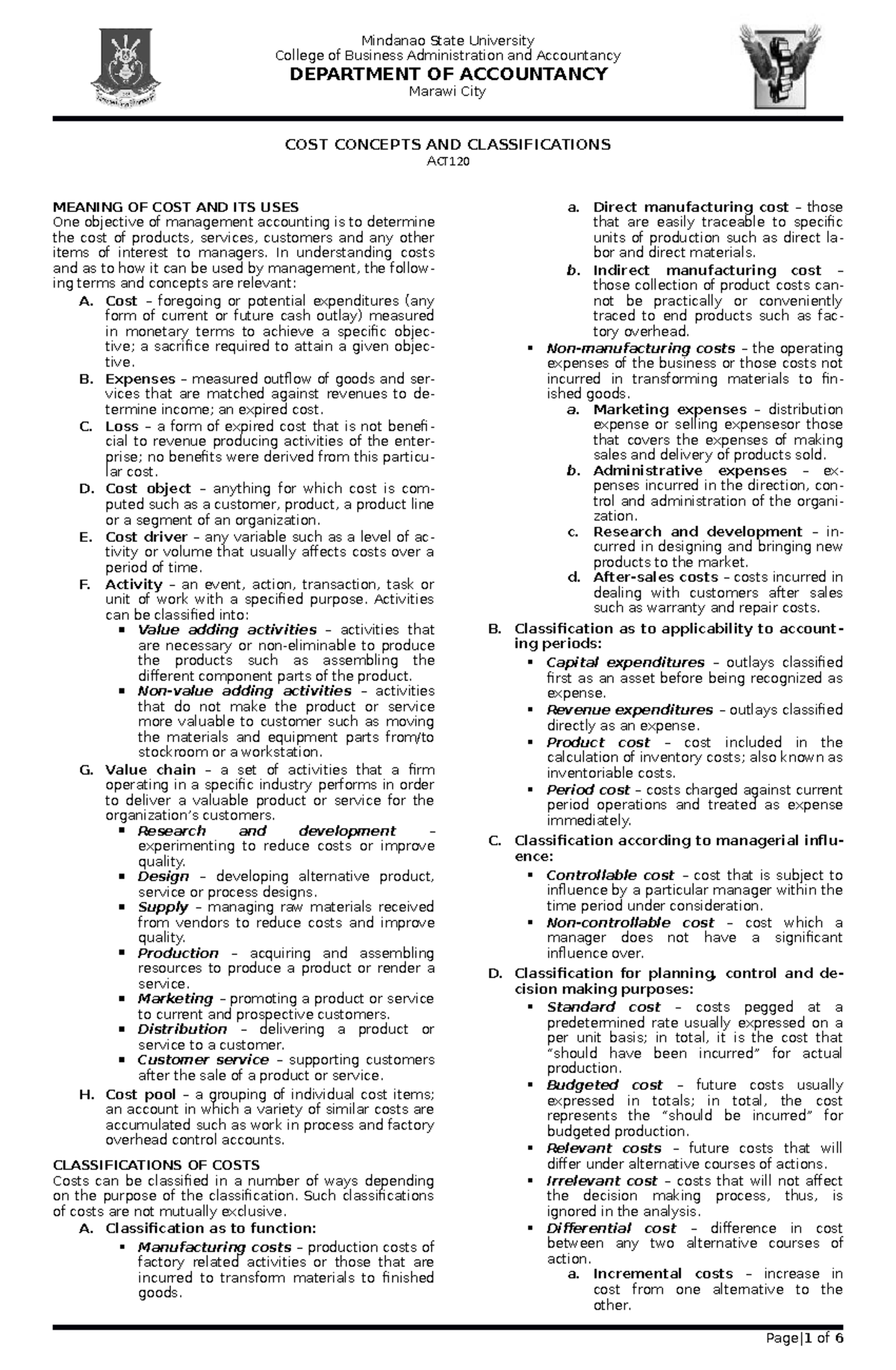 Cost accounting and control lecture note Mindanao State University