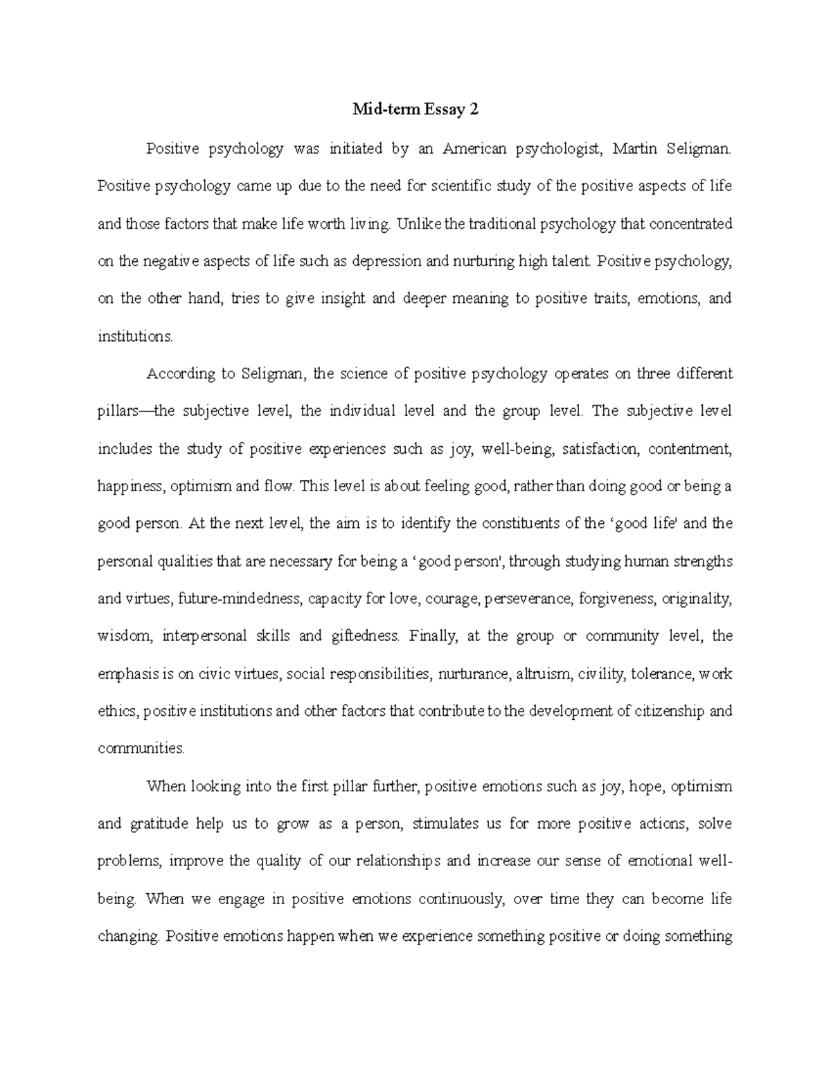 Midterm essay 2 - Grade: A - Mid-term Essay 2 Positive psychology was ...