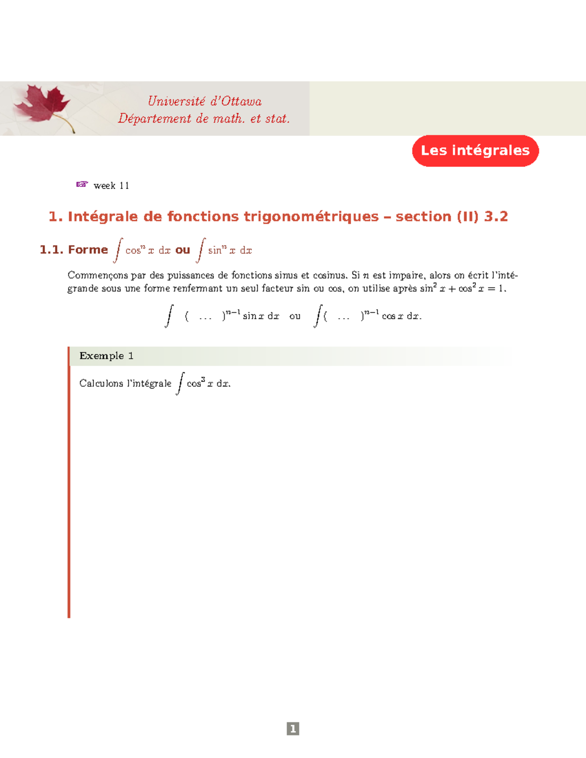 Int trigonométriques - Cours - Les intégrales Université d’Ottawa ...