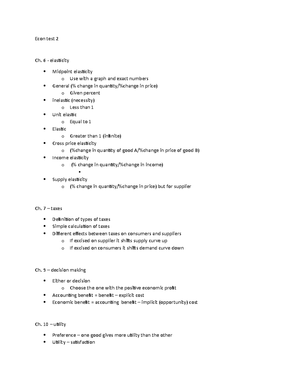 Econ test 2 - Test 2 study guide - Econ test 2 Ch. 6 - elasicity ...