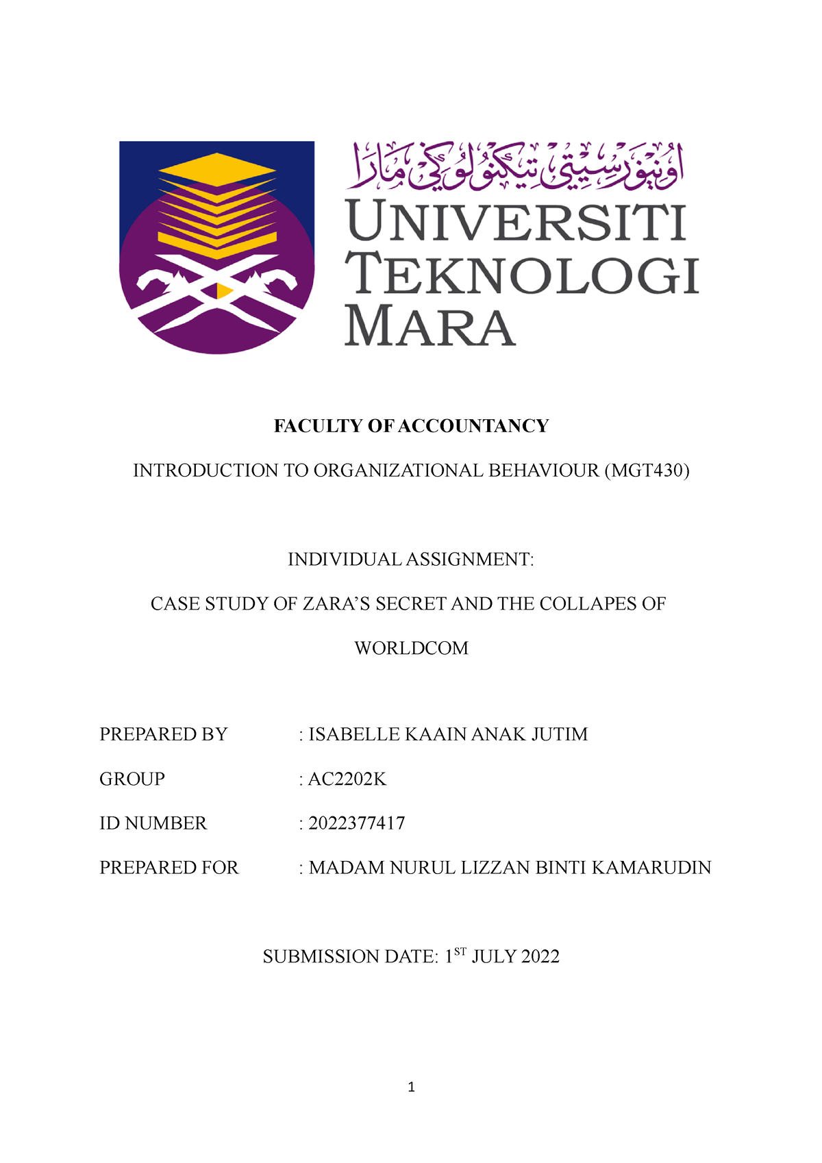 Individual Assignment MGT430 Case Study - FACULTY OF ACCOUNTANCY ...