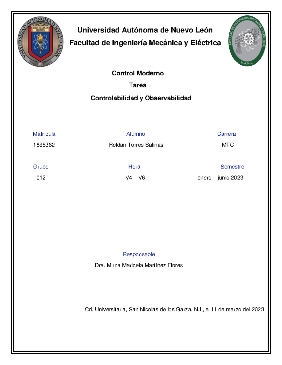 Controlabilidad y Observabilidad . Control Moderno Tarea
