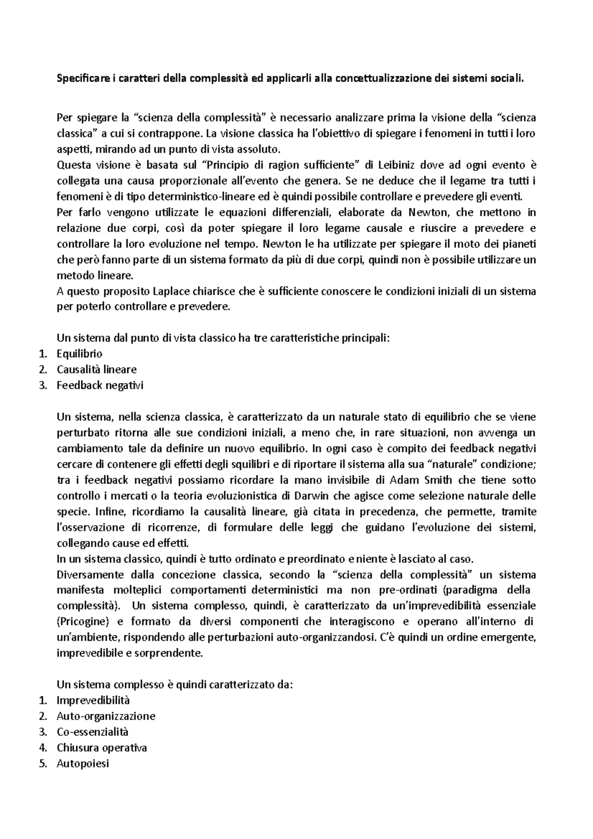 Specificare i caratteri della complessità ed applicarli alla ...