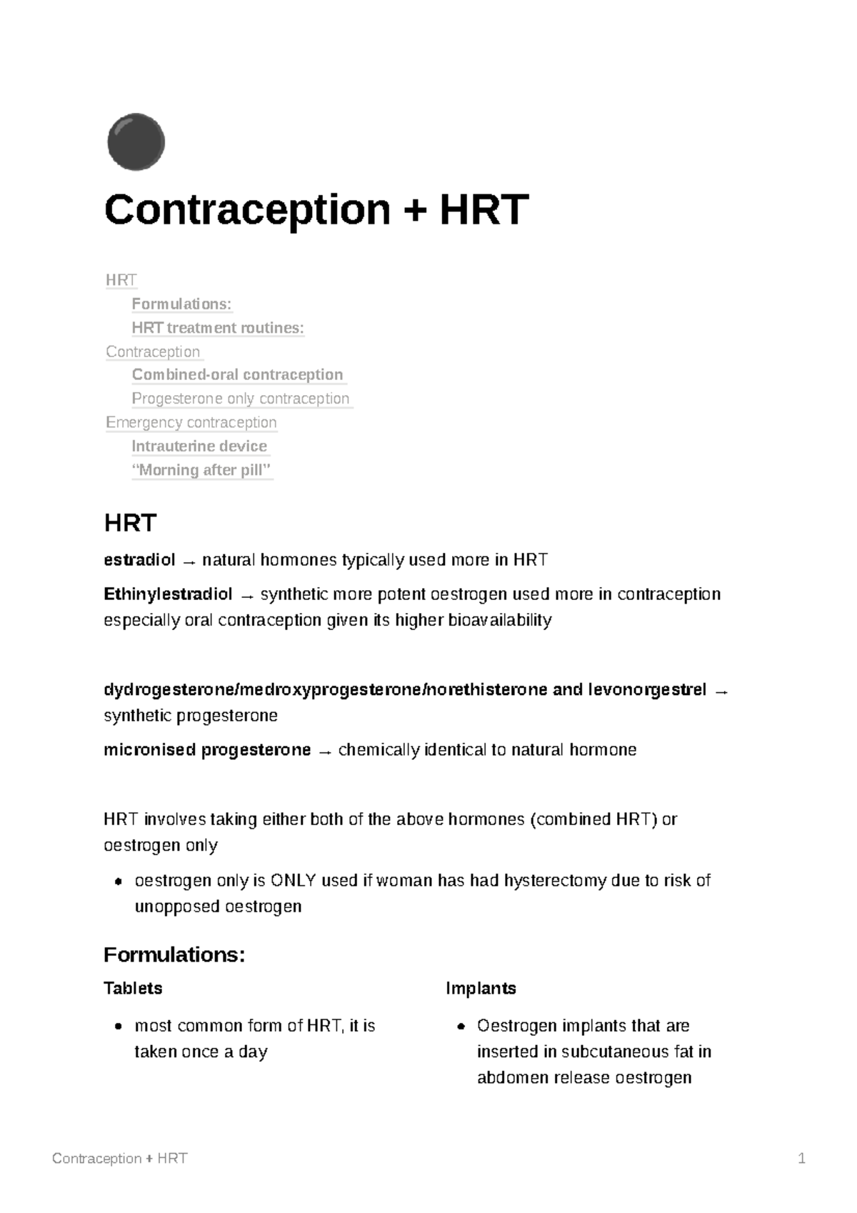 Contraception HRT Summary on pharmacology required for med school