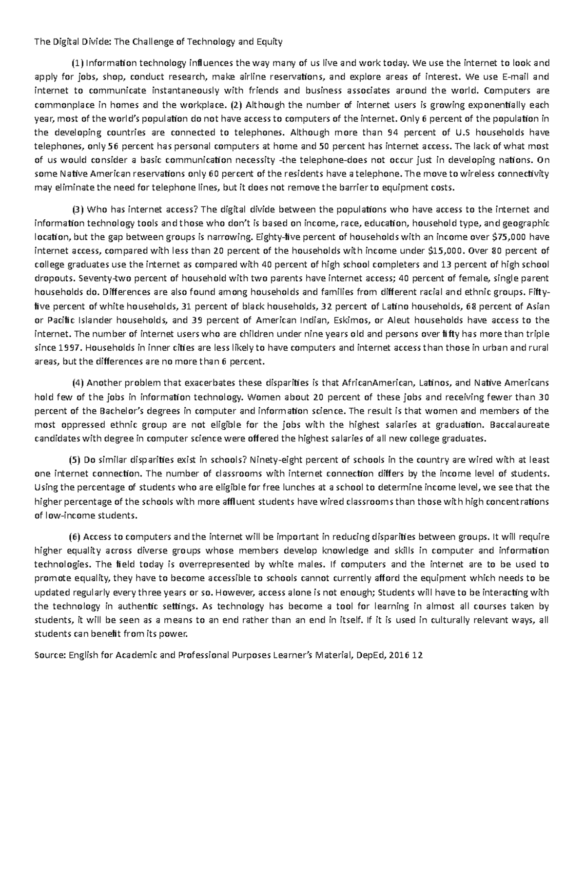 Critiquepaperwriting The Digital Divide The Challenge of