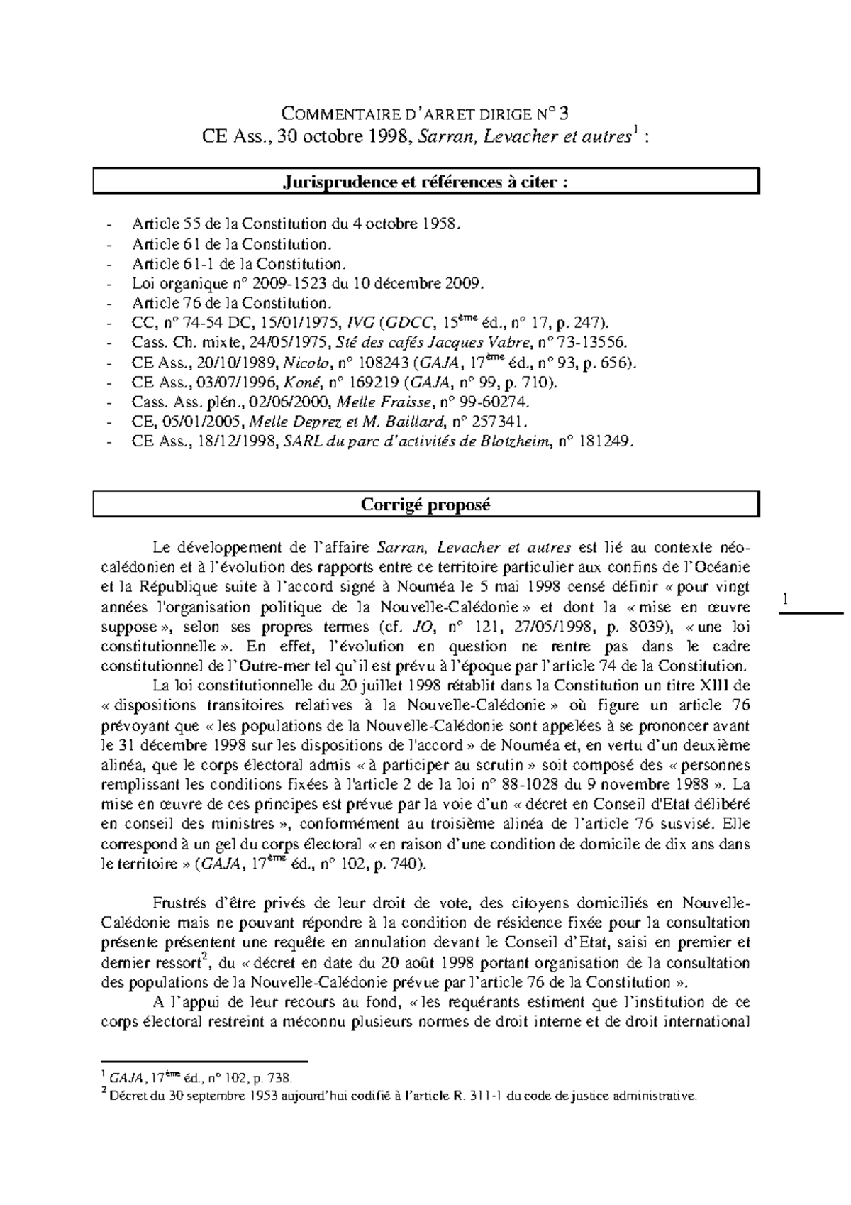 Fiche D arrêt Jacques Vabre 24 Mai 1975 ARRÊT 3 - 1 COMMENTAIRE D'ARRET DIRIGE N° 3 CE Ass., 30 octobre 1998,  Sarran, Levacher et autres 1 - Studocu