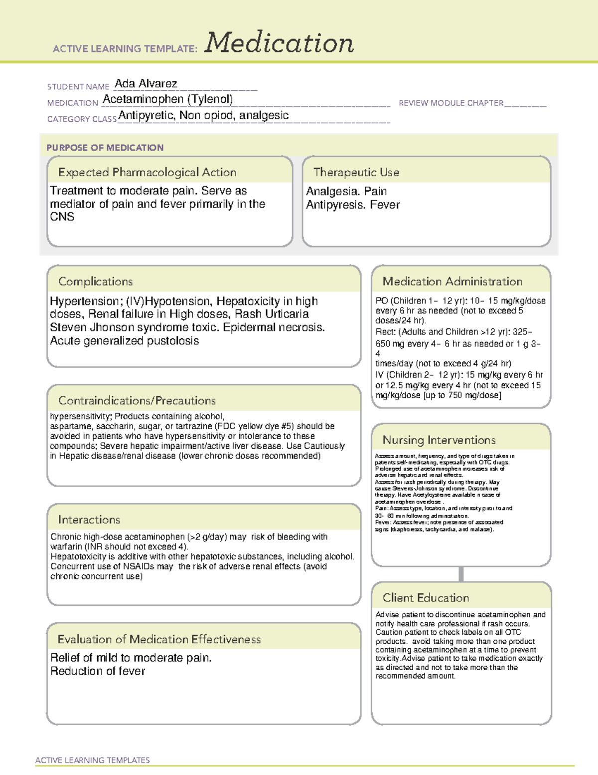 Acetaminophen - ACTIVE LEARNING TEMPLATES Medication STUDENT NAME - Studocu