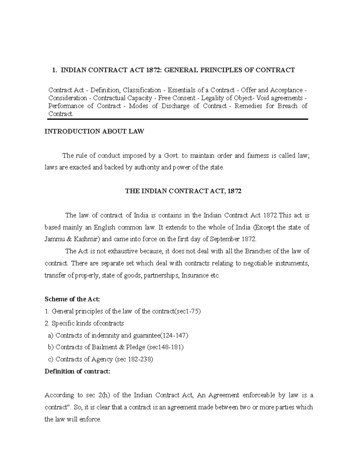 Business LAW NOTE FOR 5 Units 1 INDIAN CONTRACT ACT 1872 GENERAL