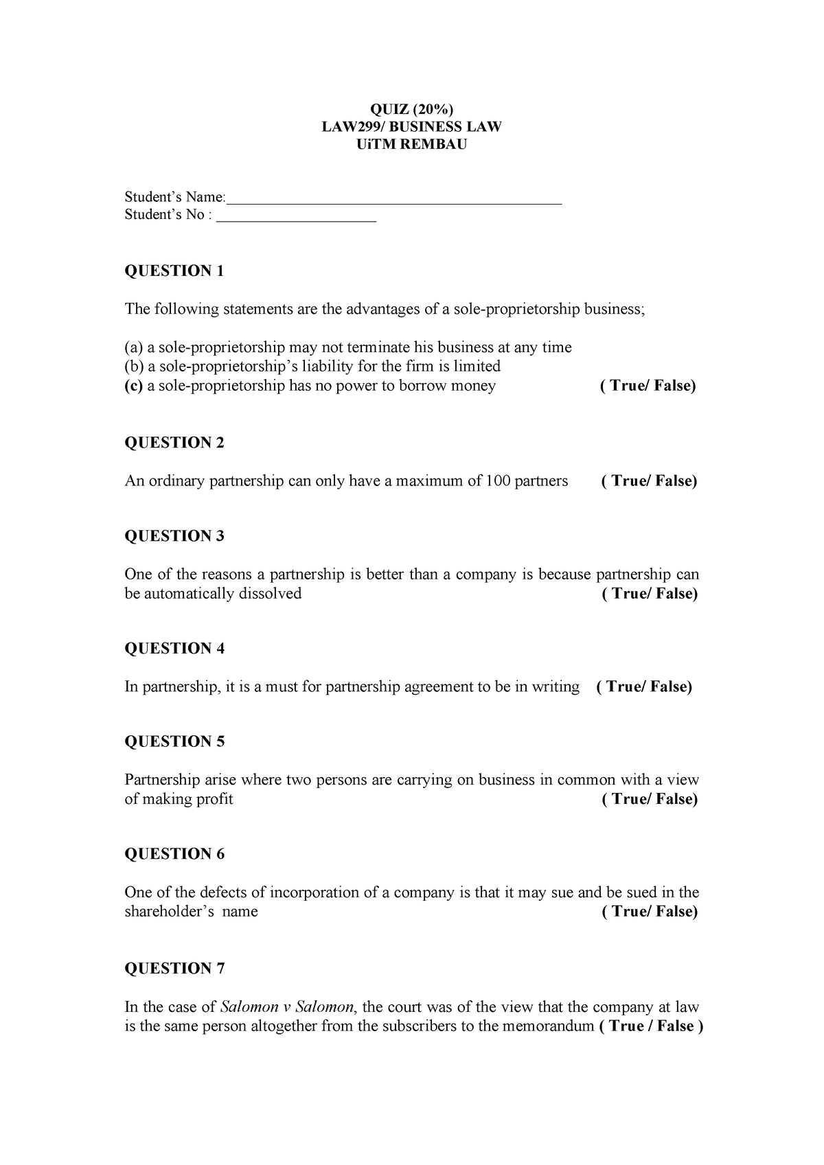QUIZ LAW299 8 JAN 2024 QUIZ (20) LAW299/ BUSINESS LAW UiTM REMBAU