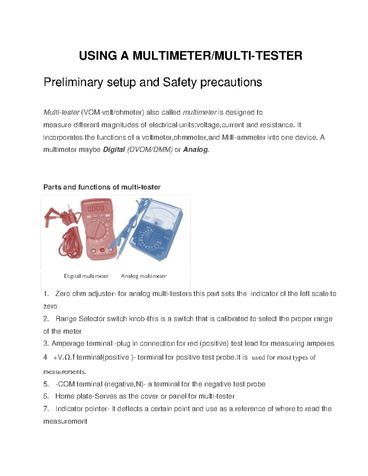 Using a multimeter multi tester USING A MULTIMETER/MULTITESTER