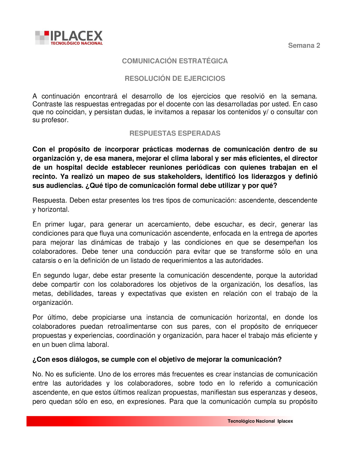 Respuestas Semana 2 Semana 2 Tecnológico Nacional Iplacex ComunicaciÓn EstratÉgica ResoluciÓn 0204