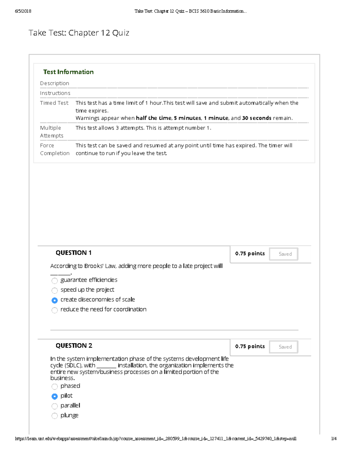 UNT - BCIS 3610 Chapter 12 Quiz Review - Take Test: Chapter 12 Quiz ...
