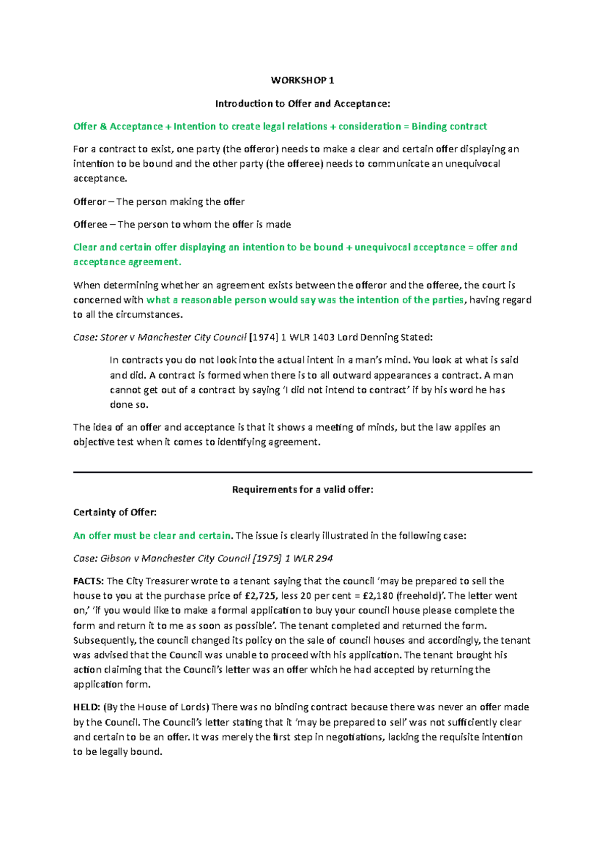 Contract Exam Master Document - WORKSHOP 1 Introduction to Offer and ...