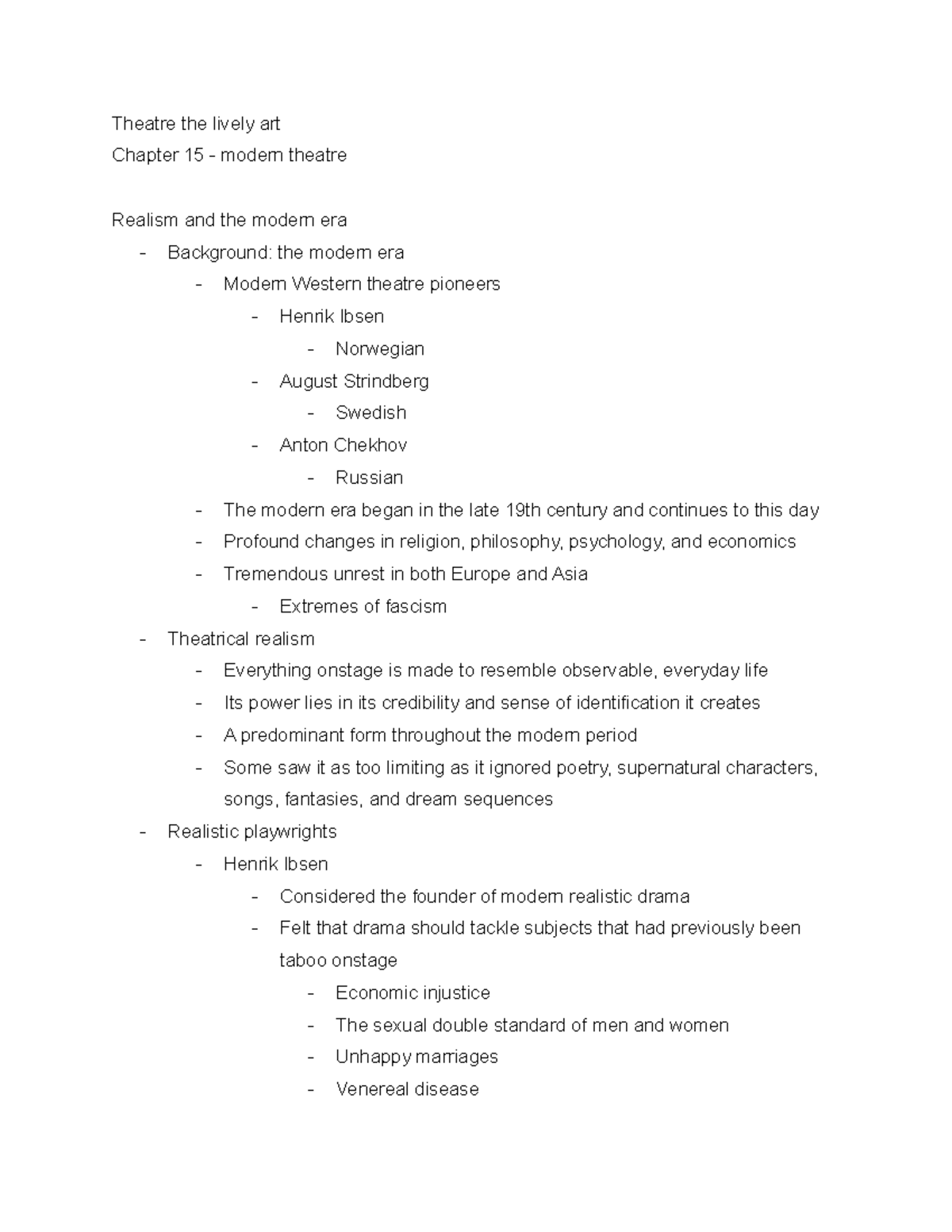 Chapter 15 Notes - Theatre The Lively Art Chapter 15 - Modern Theatre ...