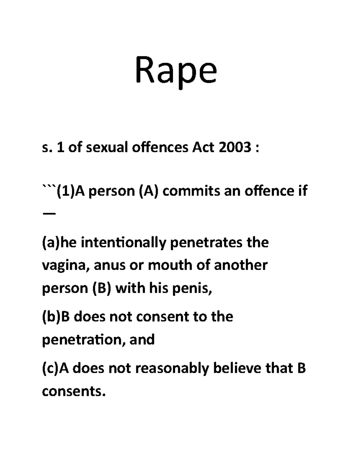 RAPE ( Criminal LAW ) - Rape - Rape s. 1 of sexual offences Act 2003 ...