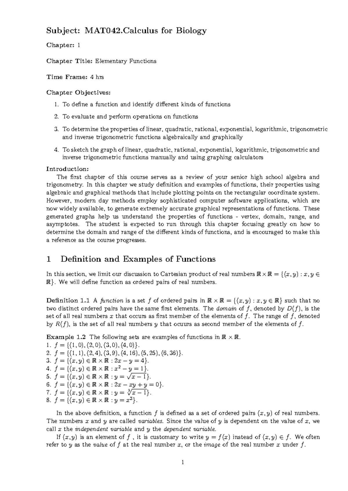 MAT042.Chapter 1 - calculus - Subject: MAT042 for Biology Chapter: 1 ...